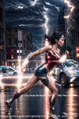 a woman running across a street with lightning in the background . 