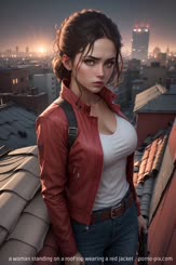 a woman standing on a roof top wearing a red jacket . 