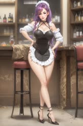 a woman in a maid outfit standing in a room