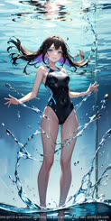 An anime girl in a swimsuit standing in a pool with her hair wet.