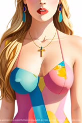 a woman in a colorful bikini top with a cross on her neck . 