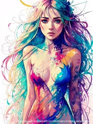 a woman with long hair and colorful streaks of paint . 