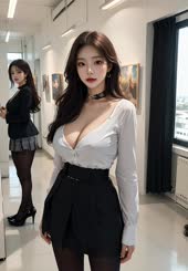 Busty Asian Beauty in a White Shirt and Black Skirt