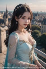 a woman with long black hair and a blue dress with a deep V neckline and a golden chain around her waist wearing a crown and earrings with a city in the background.