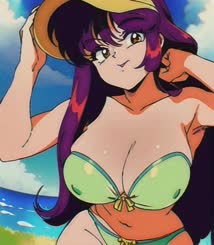 anime girl in bikini with hat and sunglasses on the beach