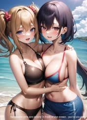 two anime girls are posing in front of the ocean . 