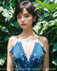 a young Asian woman with dark brown hair wearing a deep blue low cut dress with floral embroidery standing in front of green plants and looking into the camera.