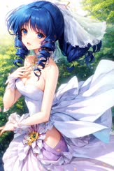 a girl with blue hair is standing in a dress