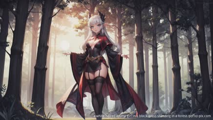 a white haired anime girl in a black dress standing in a forest.