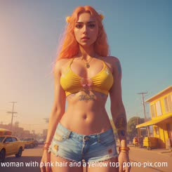 a woman with pink hair and a yellow top 