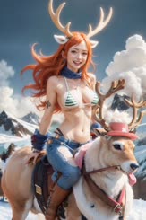 a beautiful woman riding a deer with mountains in the background . 