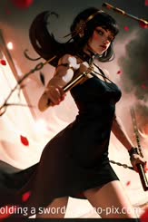 a beautiful woman in a black dress holding a sword . 