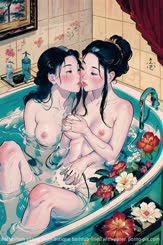 two beautiful women sitting in an antique bathtub filled with water.