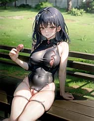 anime   style woman in wetsuit sitting on a bench in a park