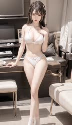 a woman wearing a white bikini posing in a room