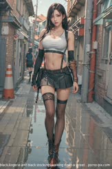 a woman in black lingerie and black stockings walking down a street . 