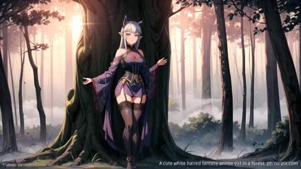A cute white haired fantasy anime girl in a forest.
