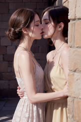 two women are kissing in front of a brick wall