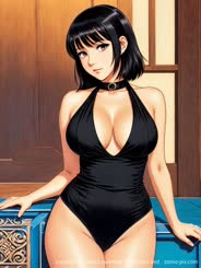 a woman in a black swimsuit sitting on a bed . 