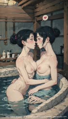 two naked women sit in a tub while holding hands . 
