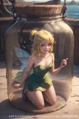 a girl in a tinkerbell costume is posing in a cage . 