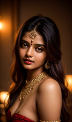 is of an Indian woman with long hair wearing a red dress and gold jewelry including a headpiece necklace and earring.