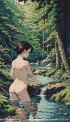 depicts a woman with red hair standing in a stream in a forest. She is not wearing any clothes and is reaching towards a small waterfall. The stream is surrounded by large rocks and is filled with clear water. The forest