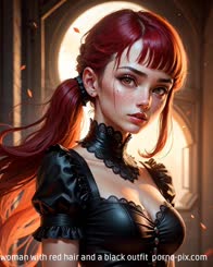 a woman with red hair and a black outfit 