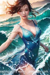 a woman in a blue dress is standing in the water . 