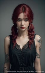 a woman with red hair and tattoos on her arms . 