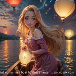 a beautiful woman in a boat holding a lantern . 