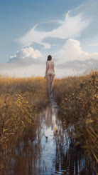 Naked Woman Walking Through a River
