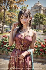 The picture shows a very cute and sweet Asian girl with a very beautiful smile, dressed in a brown dress and gold belt, and her beauty and attire match perfectly.