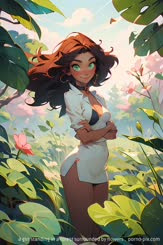a girl standing in a forest surrounded by flowers . 