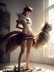 a woman standing next to a cat with feathers on her dress