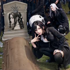 a group of people standing around a grave . 