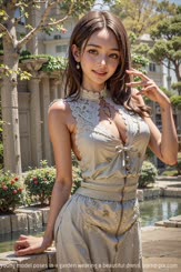 A cute young model poses in a garden wearing a beautiful dress.