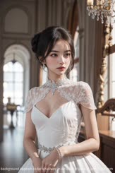a Chinese bride wearing a white wedding dress with a deep V neckline and a beaded decoration. She has her hair tied in a bun. The background appears to be a hallway in a classical palace.