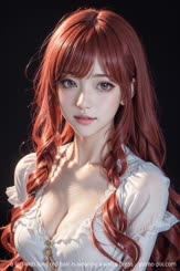 a girl with long red hair is wearing a white dress . 