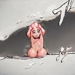 a cartoon of a pink creature with a face covered in a snow drift . 