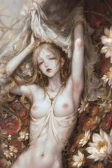 depicts a half naked woman with long blonde hair lying on a bed of red flowers. Her body is wrapped in a white cloth tha