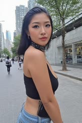 A girl with a chip on her shoulder posing for the camera in front of a city: street