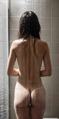 a woman from behind standing under a shower with water streaming down her back.