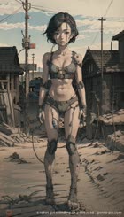 a robot girl standing on a dirt road . 