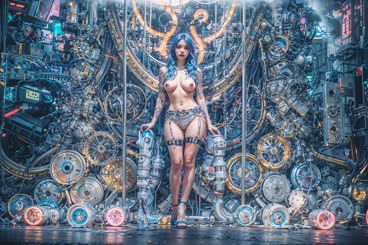 depicts a nude female robot with blue hair standing in front of a mechanical wall of gears and circuits.