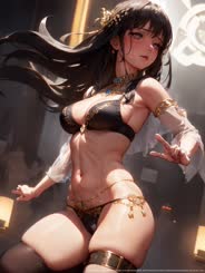 A D illustration of a black haired girl in a revealing bikini, with flowing hair and a challenging expression.