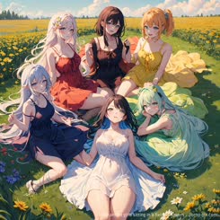 five anime girls sitting in a field of flowers . 