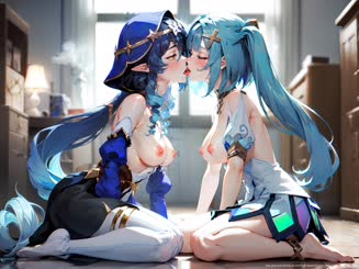 Two girls are sitting on the floor wearing blue costumes.
