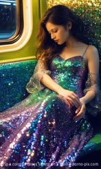 a woman in a colorful dress sitting on a train . 