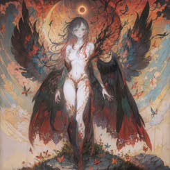 depicts a painting of a naked angel with bloodstained wings standing in a field of flowers.